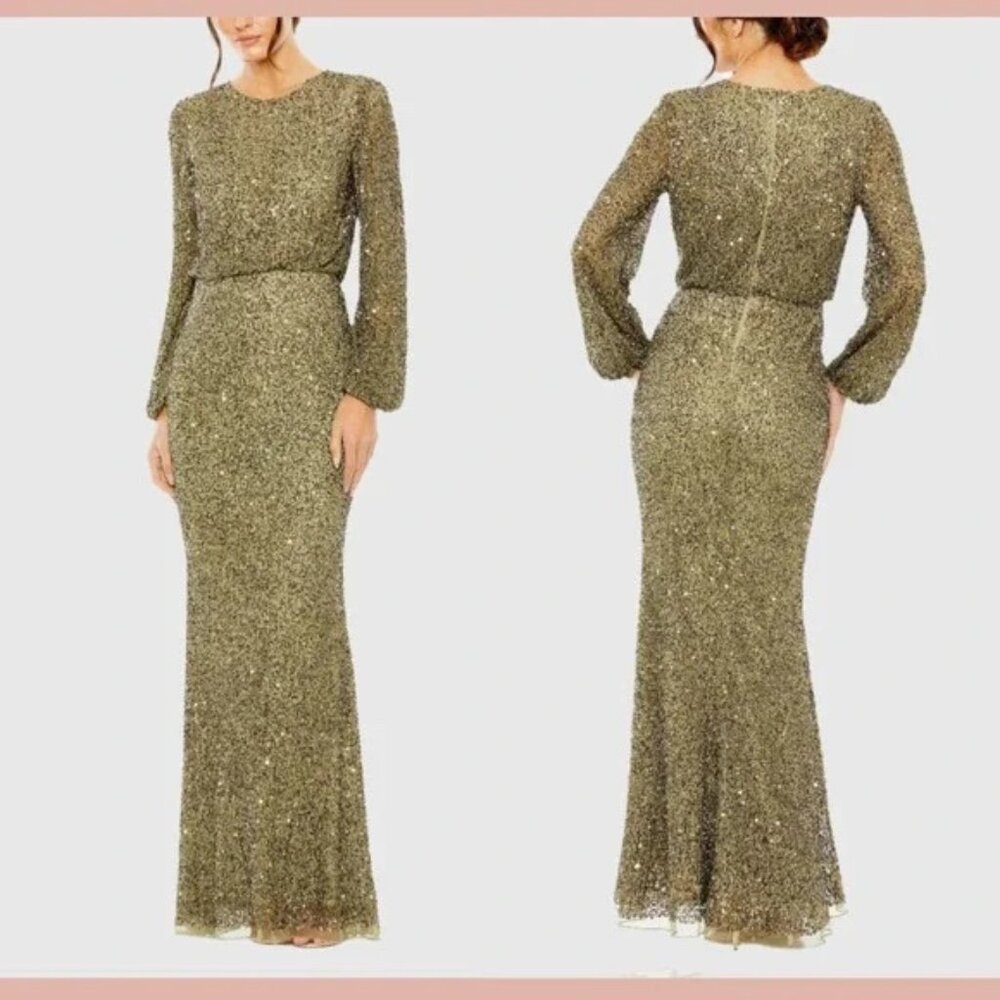 NWT Mac Duggal 10044 Olive Green High Neck Long Sleeve Beaded Blouson Gown 14